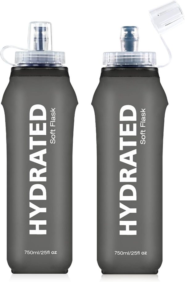 2 Pack Soft Water Bottle, TPU Collapsible Flask Foldable Bottles 750ml for Hydration Pack, BPA-Free Running Bottles for Running Hiking Cycling Climbing GRAY