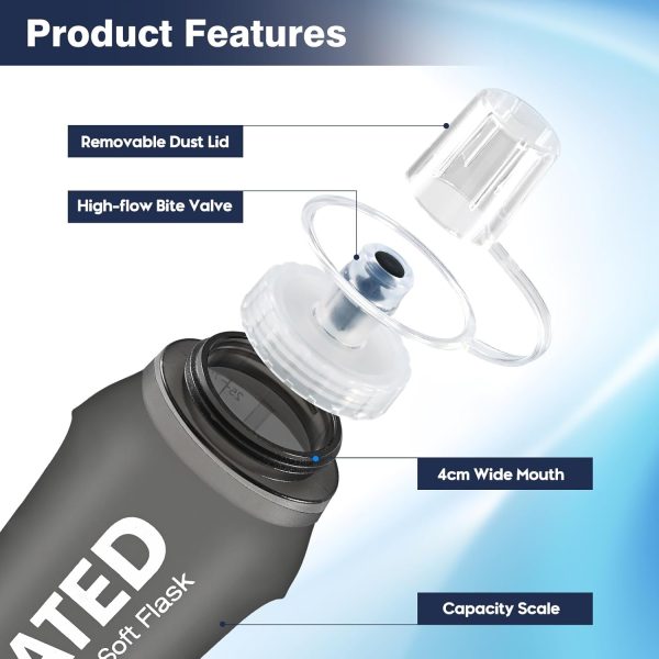 2 Pack Soft Water Bottle, TPU Collapsible Flask Foldable Bottles 750ml for Hydration Pack, BPA-Free Running Bottles for Running Hiking Cycling Climbing GRAY - Image 2