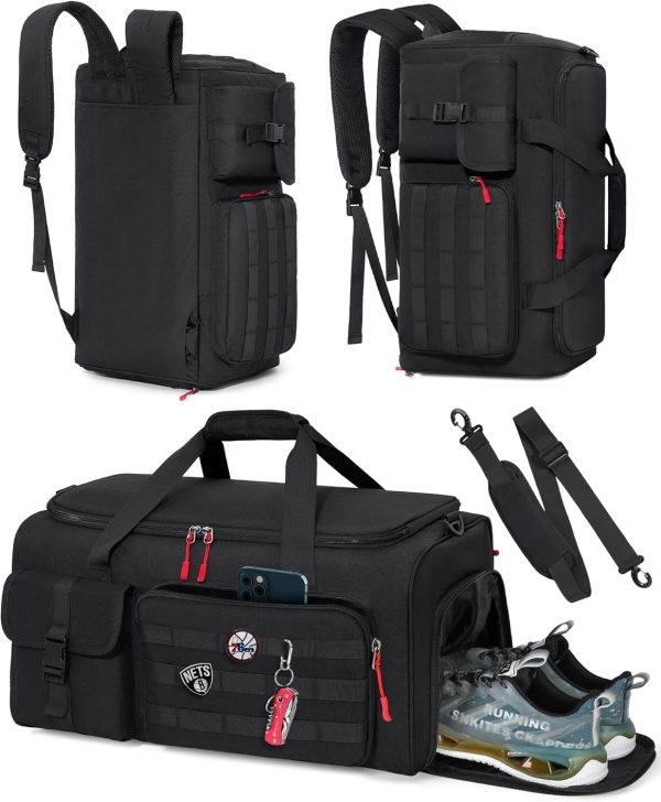 Gym Bag for Men, 45L Sports Travel Duffel Bag with Shoe & Laptop Compartment, Gym Workout Backpack Carry On Weekender Bag Overnight Backpack for Travel, Black