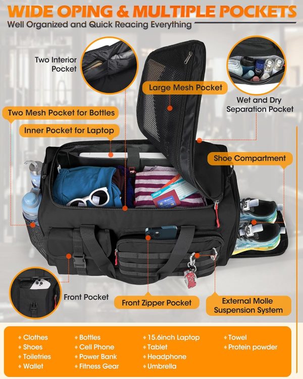 Gym Bag for Men, 45L Sports Travel Duffel Bag with Shoe & Laptop Compartment, Gym Workout Backpack Carry On Weekender Bag Overnight Backpack for Travel, Black - Image 4