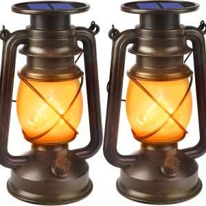Solar Powered LED Lanterns Decorative Outdoor,2 Pack Bronze Vintage Lanterns with Dancing Flame,Waterproof Solar Hanging Lights for Camping Patio Garden Yard Pathway Decor
