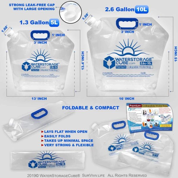 WaterStorageCube Premium Collapsible Water Container Bag, BPA Free Food Grade Clear Plastic Storage Jug for Camping Hiking Backpack Emergency, No-Leak Freezable Foldable Water Bottle 1.3/2.6 Gallon - Image 3